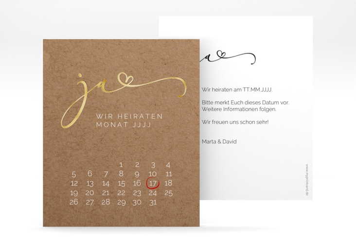 Save the Date-Kalenderblatt Jawort Kalenderblatt-Karte Kraftpapier gold modern minimalistisch mit veredelter Aufschrift