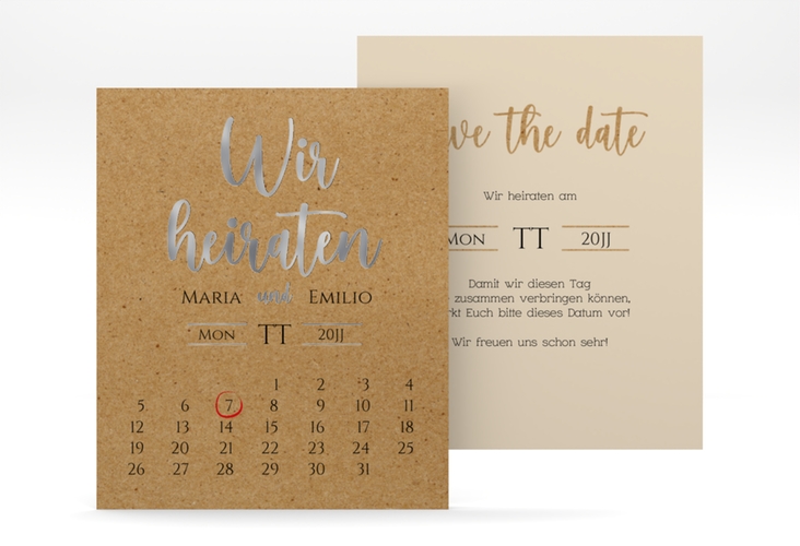 Save the Date-Kalenderblatt Noble Kalenderblatt-Karte Kraftpapier silber mit elegantem Schriftzug