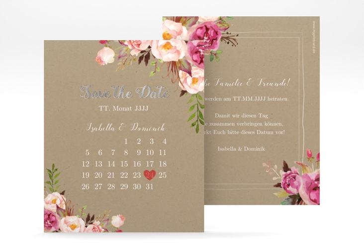 Save the Date-Kalenderblatt Flowers Kalenderblatt-Karte Kraftpapier silber mit bunten Aquarell-Blumen