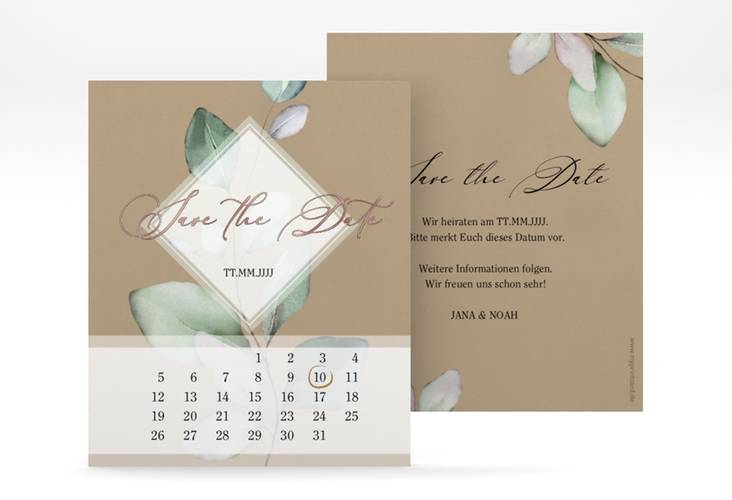 Save the Date-Kalenderblatt Foglia Kalenderblatt-Karte Kraftpapier rosegold edel mit Eukalyptus im Aquarell-Design