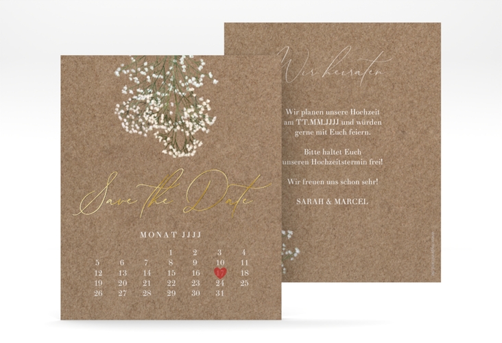 Save the Date-Kalenderblatt Schleierkraut Kalenderblatt-Karte Kraftpapier gold mit Folie
