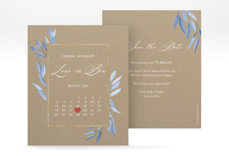 Save the Date-Kalenderblatt Classicblue Kalenderblatt-Karte Kraftpapier gold