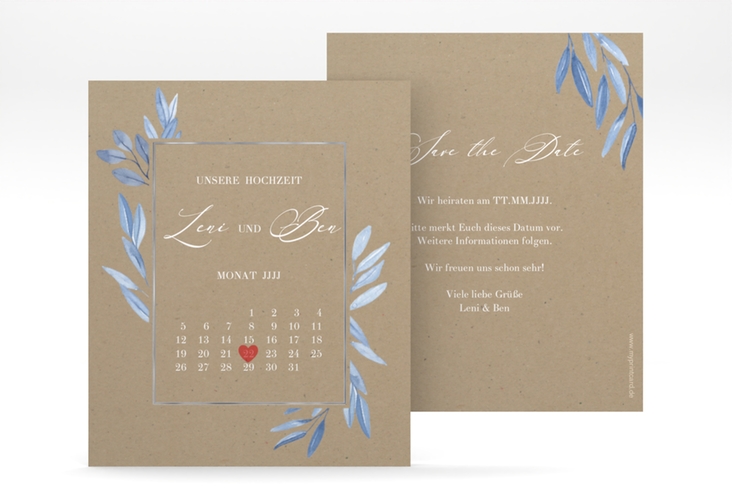 Save the Date-Kalenderblatt Classicblue Kalenderblatt-Karte Kraftpapier silber