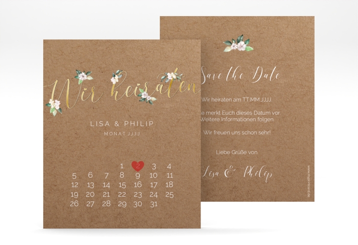 Save the Date-Kalenderblatt Inlove Kalenderblatt-Karte Kraftpapier gold