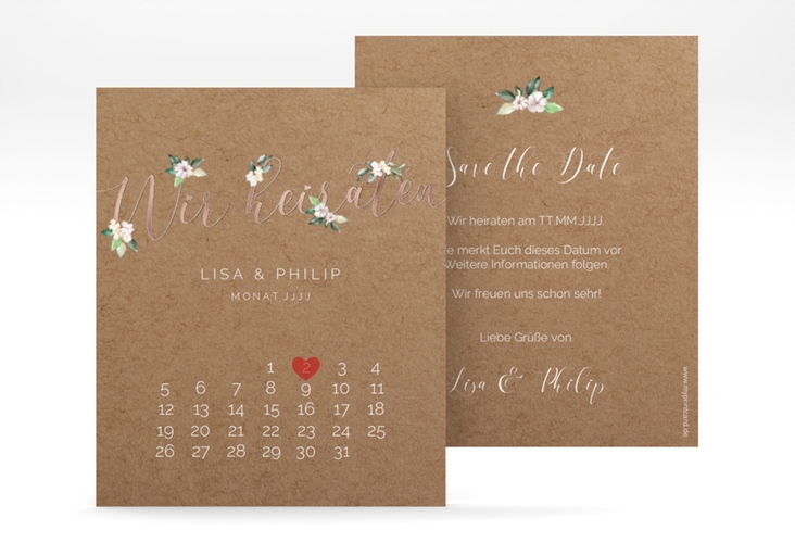 Save the Date-Kalenderblatt Inlove Kalenderblatt-Karte Kraftpapier rosegold