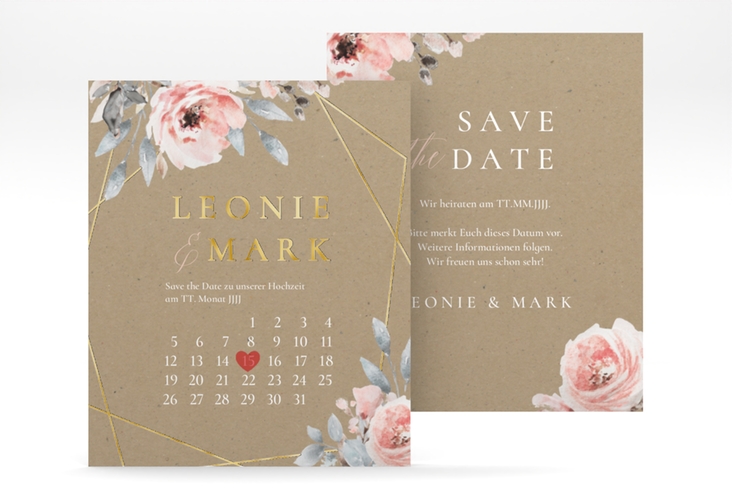 Save the Date-Kalenderblatt Perfection Kalenderblatt-Karte Kraftpapier gold mit rosa Rosen