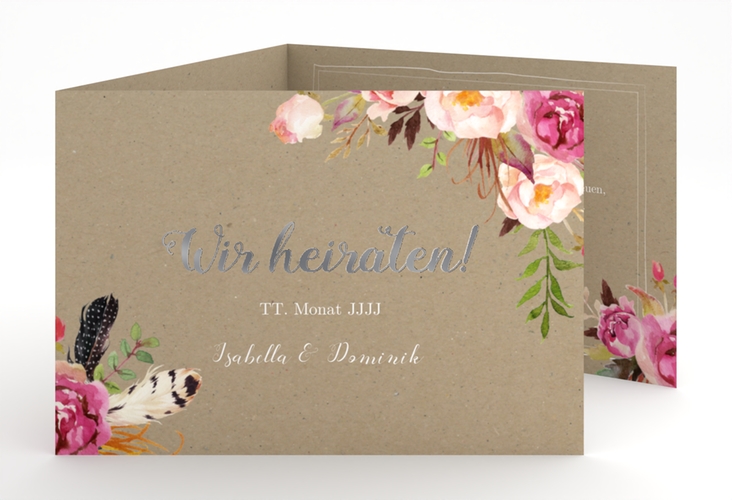 Hochzeitseinladung Flowers A6 Doppel-Klappkarte Kraftpapier silber mit bunten Aquarell-Blumen