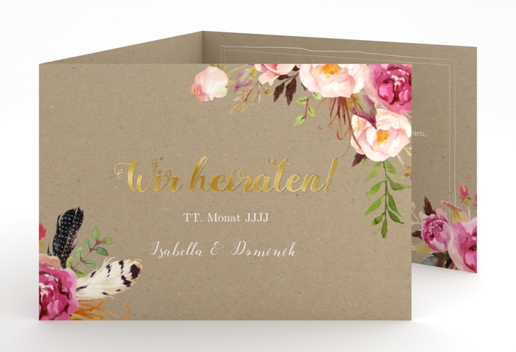 Hochzeitseinladung Flowers A6 Doppel-Klappkarte Kraftpapier gold mit bunten Aquarell-Blumen