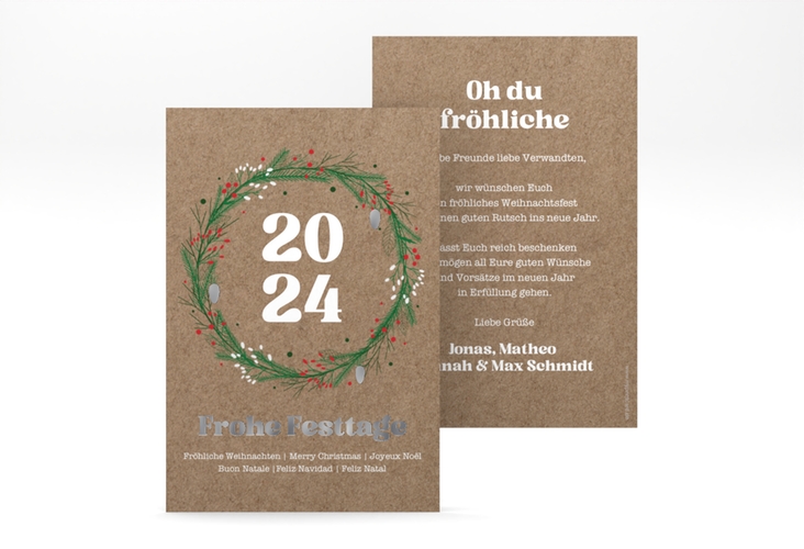 Weihnachtskarte Adventskranz A6 Karte hoch Kraftpapier silber