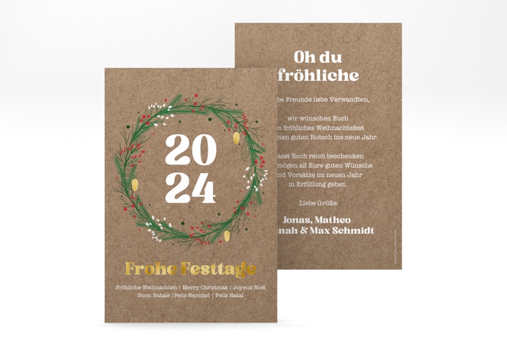 Weihnachtskarte Adventskranz A6 Karte hoch Kraftpapier gold