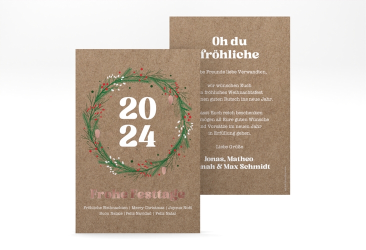 Weihnachtskarte Adventskranz A6 Karte hoch Kraftpapier rosegold