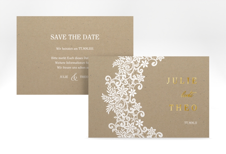 Save the Date-Karte Mariage A6 Karte quer Kraftpapier gold mit Bogen aus weißer Spitze