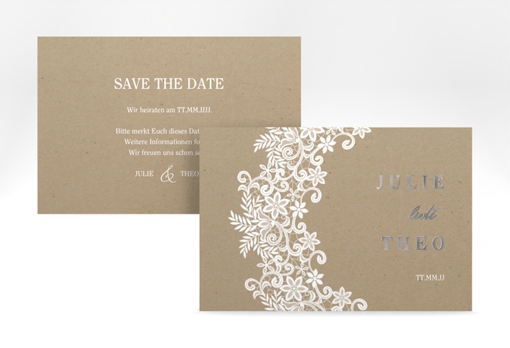 Save the Date-Karte Mariage A6 Karte quer Kraftpapier silber mit Bogen aus weißer Spitze