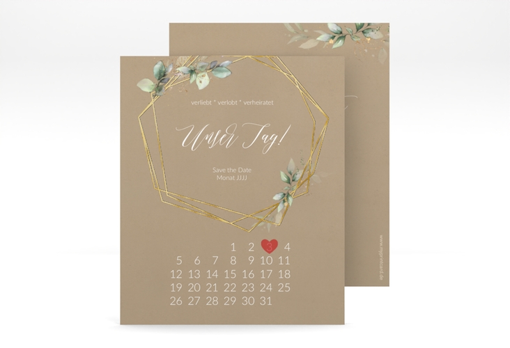 Save the Date-Kalenderblatt Greenish Kalenderblatt-Karte Kraftpapier gold