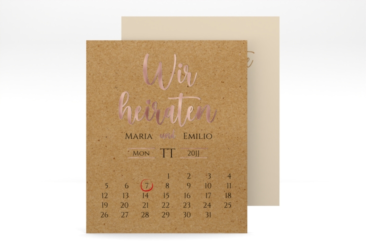 Save the Date-Kalenderblatt Noble Kalenderblatt-Karte Kraftpapier rosegold mit elegantem Schriftzug