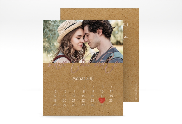 Save the Date-Kalenderblatt Big Picture Kalenderblatt-Karte Kraftpapier rosegold mit Foto des Brautpaars