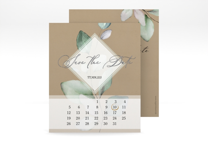 Save the Date-Kalenderblatt Foglia Kalenderblatt-Karte Kraftpapier silber edel mit Eukalyptus im Aquarell-Design