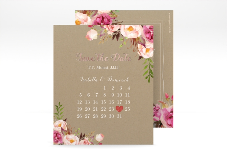 Save the Date-Kalenderblatt Flowers Kalenderblatt-Karte Kraftpapier rosegold mit bunten Aquarell-Blumen