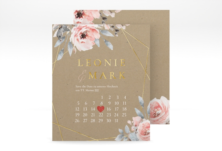 Save the Date-Kalenderblatt Perfection Kalenderblatt-Karte Kraftpapier gold mit rosa Rosen