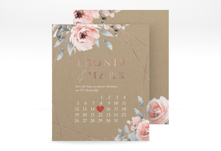 Save the Date-Kalenderblatt Perfection Kalenderblatt-Karte Kraftpapier rosegold mit rosa Rosen