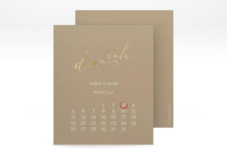 Save the Date-Kalenderblatt Zweisamkeit Kalenderblatt-Karte Kraftpapier gold im minimalistischen Stil mit Aufschrift du & ich