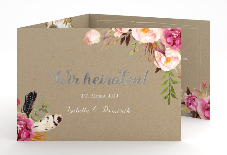 Hochzeitseinladung Flowers A6 Doppel-Klappkarte Kraftpapier silber mit bunten Aquarell-Blumen