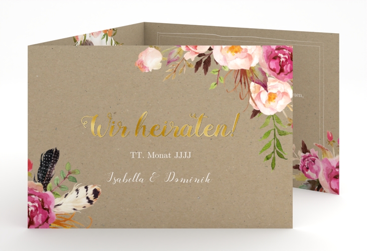 Hochzeitseinladung Flowers A6 Doppel-Klappkarte Kraftpapier gold mit bunten Aquarell-Blumen