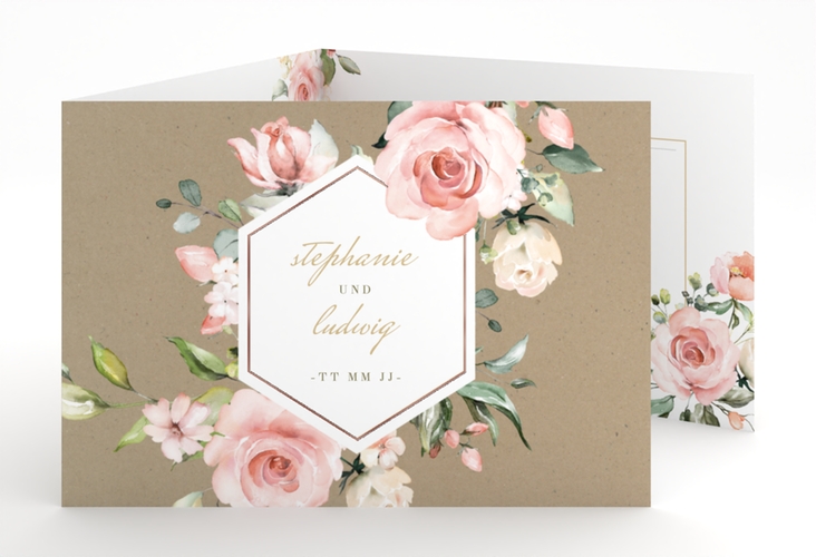 Hochzeitseinladung Graceful A6 Doppel-Klappkarte Kraftpapier rosegold mit Rosenblüten in Rosa und Weiß