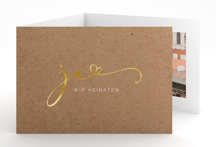 Hochzeitseinladung Jawort A6 Doppel-Klappkarte Kraftpapier gold modern minimalistisch mit veredelter Aufschrift