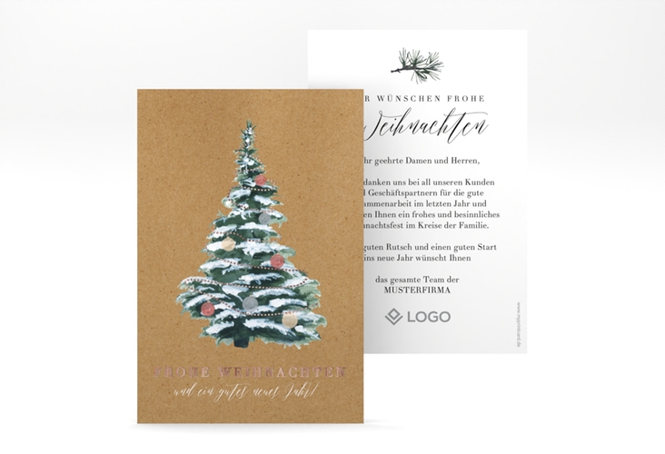 Business-Weihnachtskarte Wintertanne A6 Karte hoch Kraftpapier rosegold mit dekoriertem Tannenbaum voll Schnee