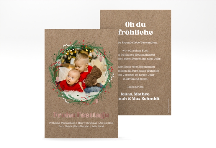 Weihnachtskarte Adventskranz A6 Karte hoch Kraftpapier rosegold