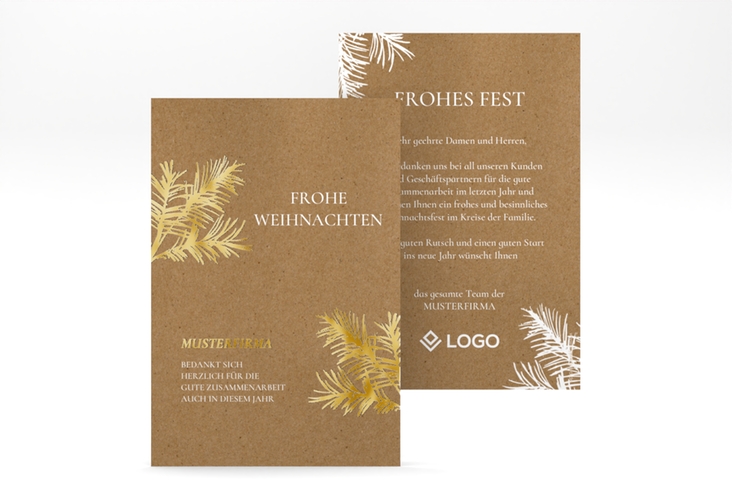 Business-Weihnachtskarte Tannenkraft A6 Karte hoch Kraftpapier gold mit edlem Tannenzweig-Dekor