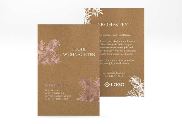 Business-Weihnachtskarte Tannenkraft A6 Karte hoch Kraftpapier rosegold mit edlem Tannenzweig-Dekor