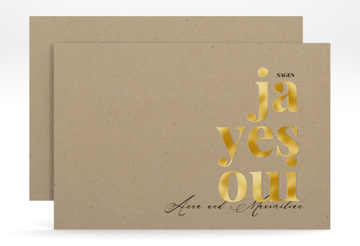 Save the Date-Karte Oui A6 Karte quer Kraftpapier gold mit Ja-Wort in verschiedenen Sprachen