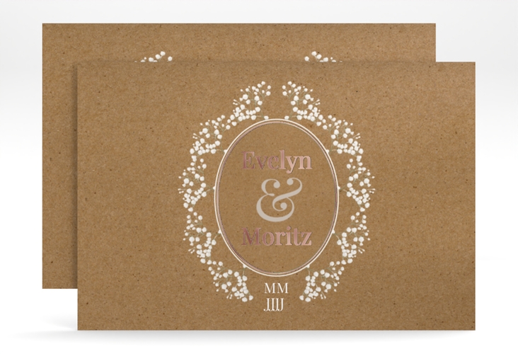 Save the Date-Karte Gypsophila A6 Karte quer Kraftpapier rosegold im Vintage-Stil mit Blumenkranz aus Schleierkraut