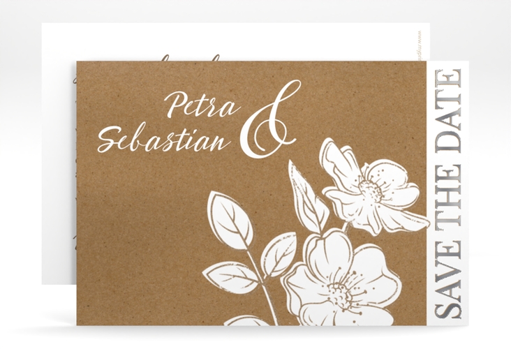 Save the Date-Karte Windflower A6 Karte quer Kraftpapier silber mit Wildrosen