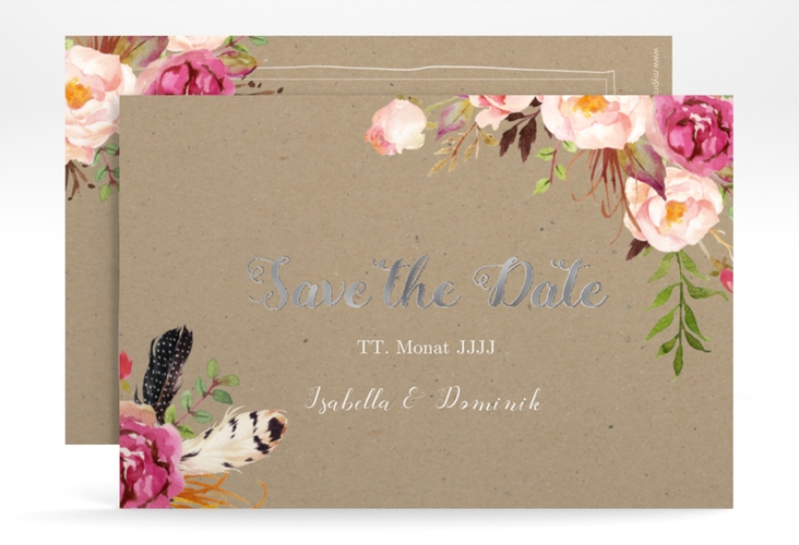 Save the Date-Karte Flowers A6 Karte quer Kraftpapier silber mit bunten Aquarell-Blumen