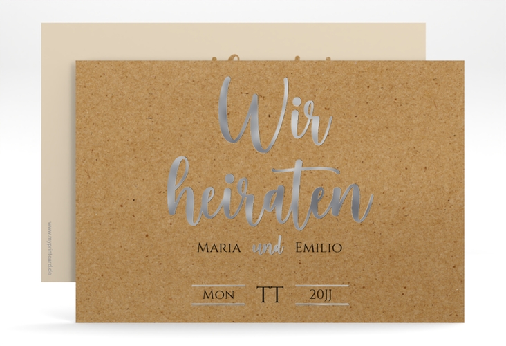 Save the Date-Karte Noble A6 Karte quer Kraftpapier silber mit elegantem Schriftzug