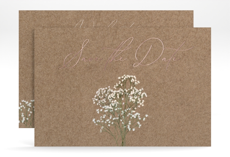 Save the Date-Karte Schleierkraut A6 Karte quer Kraftpapier rosegold