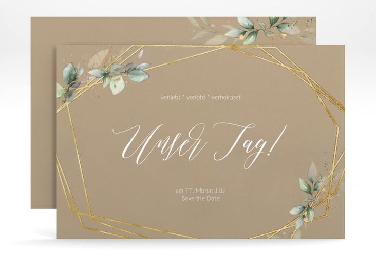 Save the Date-Karte Greenish A6 Karte quer Kraftpapier gold