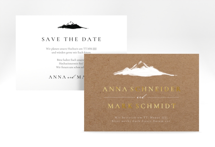 Save the Date-Karte Berghochzeit A6 Karte quer Kraftpapier gold mit Berg-Motiv