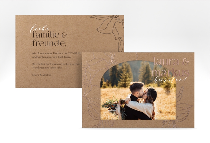 Save the Date-Karte Alpenblume A6 Karte quer Kraftpapier rosegold