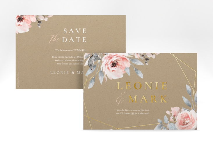 Save the Date-Karte Perfection A6 Karte quer Kraftpapier gold mit rosa Rosen