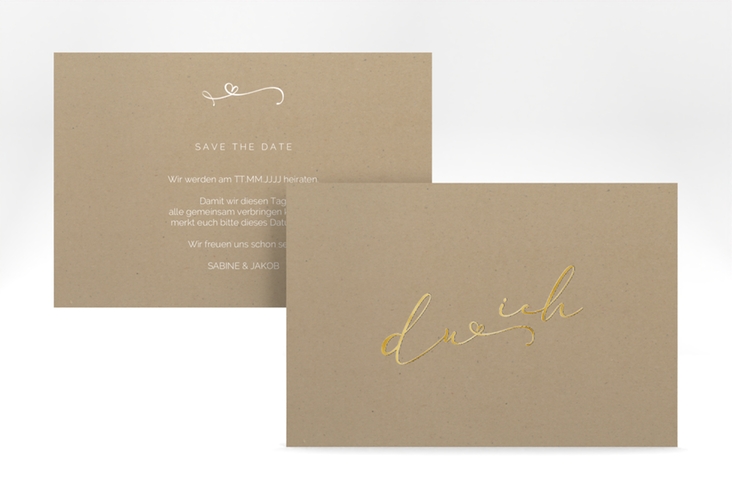 Save the Date-Karte Zweisamkeit A6 Karte quer Kraftpapier gold im minimalistischen Stil mit Aufschrift du & ich