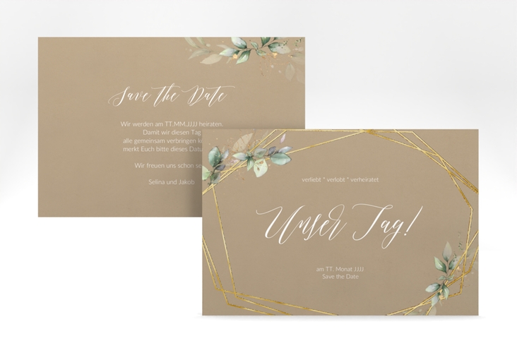 Save the Date-Karte Greenish A6 Karte quer Kraftpapier gold