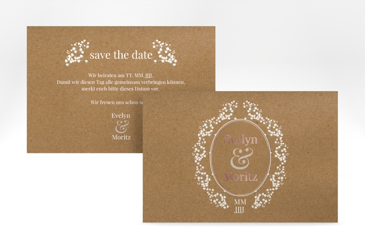 Save the Date-Karte Gypsophila A6 Karte quer Kraftpapier rosegold im Vintage-Stil mit Blumenkranz aus Schleierkraut