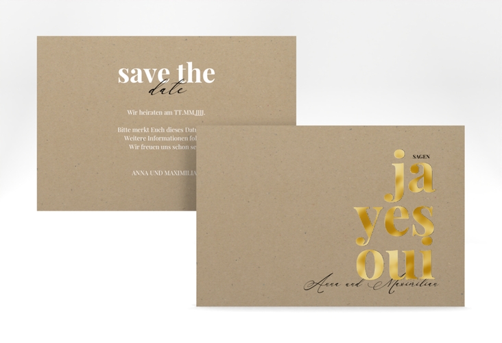 Save the Date-Karte Oui A6 Karte quer Kraftpapier gold mit Ja-Wort in verschiedenen Sprachen