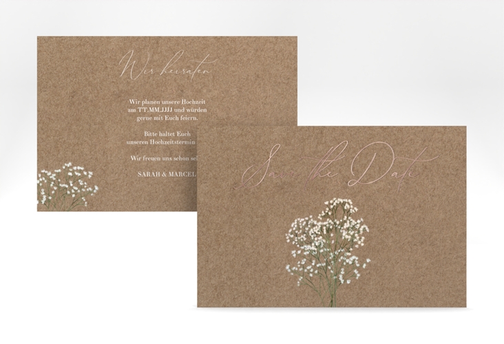 Save the Date-Karte Schleierkraut A6 Karte quer Kraftpapier rosegold