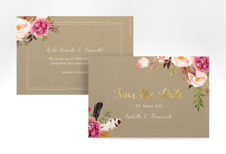 Save the Date-Karte Flowers A6 Karte quer Kraftpapier gold mit bunten Aquarell-Blumen