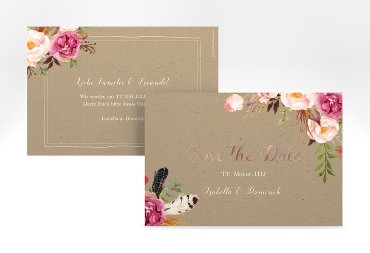 Save the Date-Karte Flowers A6 Karte quer Kraftpapier rosegold mit bunten Aquarell-Blumen